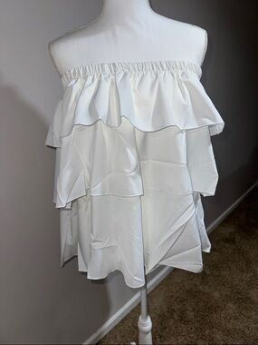 SHEIN White Off-Shoulder Ruffle Tiered Mini Top